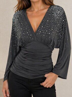 Boston Proper Gray Silver Embellished Ruched Top | Women's Size Small